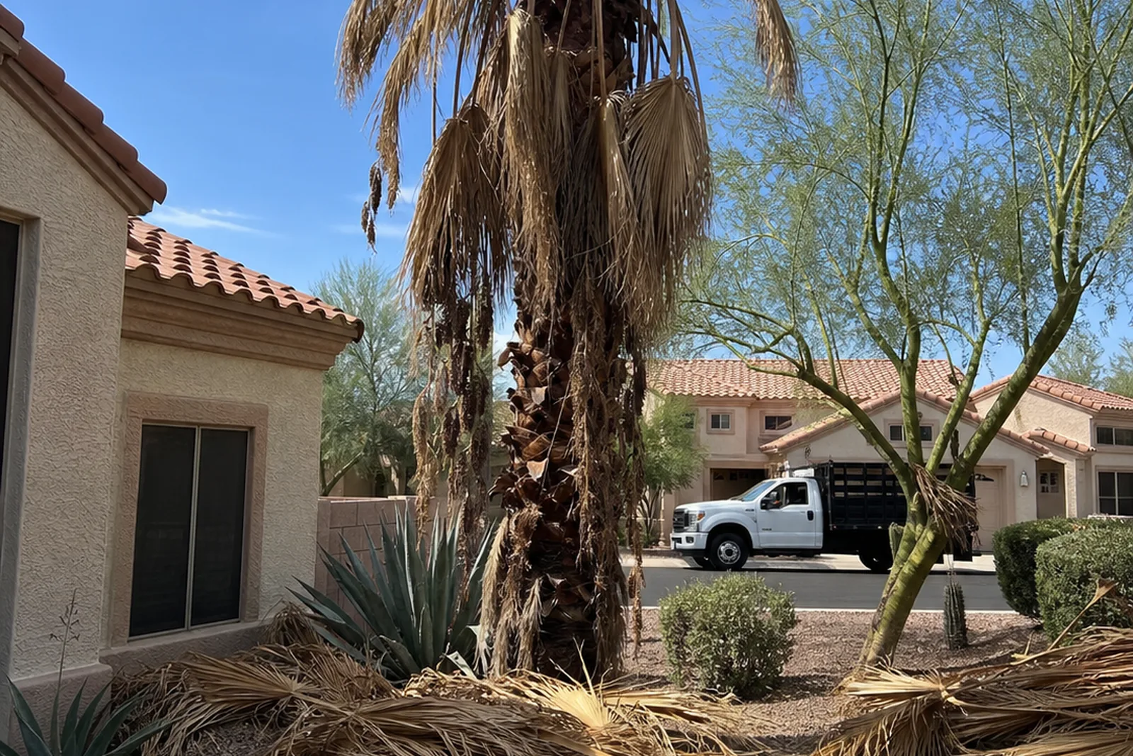 Monsoon-damaged queen palm cleanup Avondale Arizona Maricopa County West Valley residential storm debris