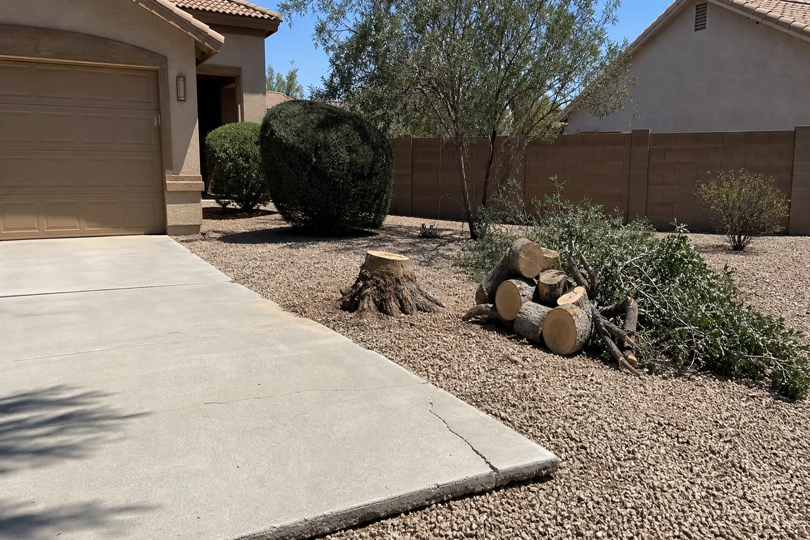 Cut tree stump and removed trunk rounds beside cracked driveway in Avondale Arizona Maricopa County West Valley residential yard